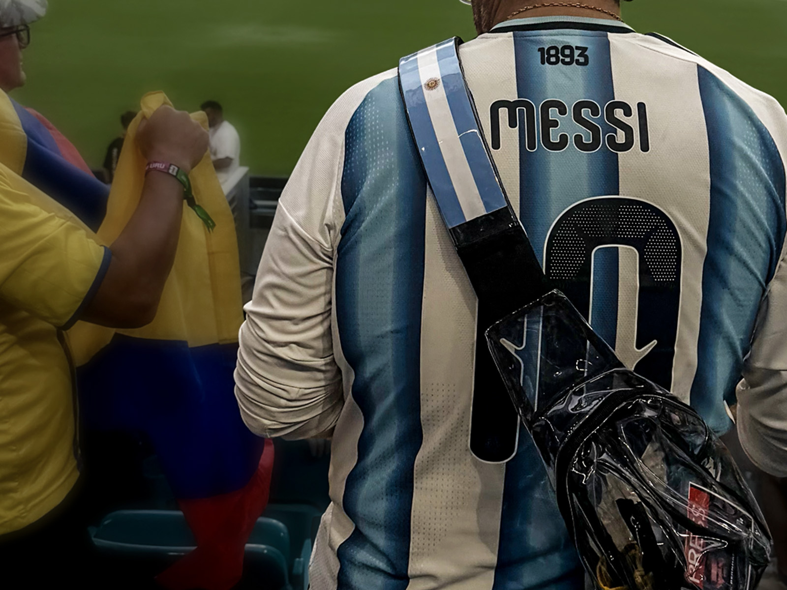 Fan wearing ClearBag at a stadium with Messi jersey